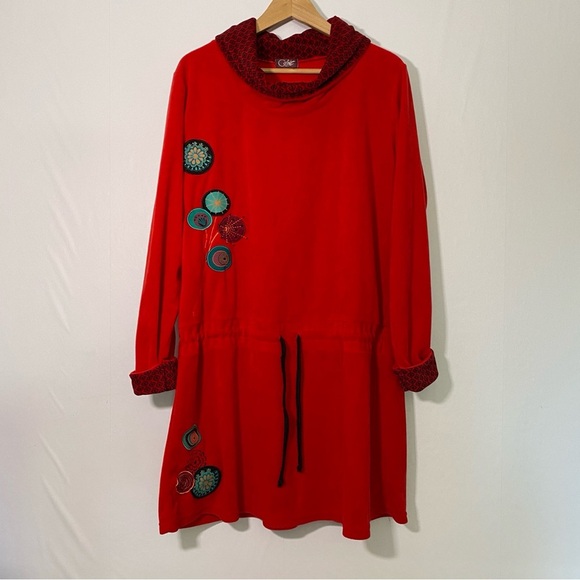 Coline Fine Velvet Dress XXL Red Embroidered Bohemian Draped Neckline Feminine - Picture 2 of 11